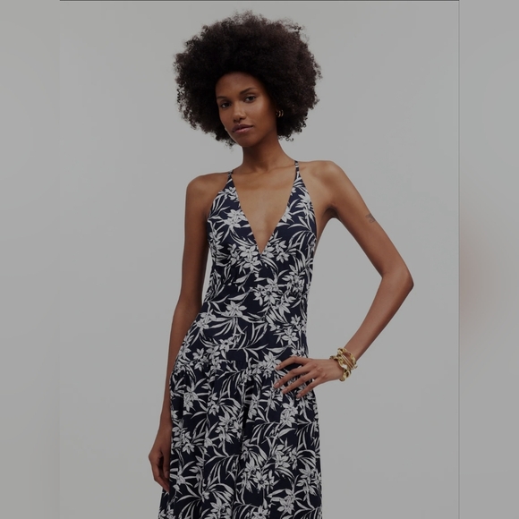 NWT Madewell Smocked Halter Midi Dress | Size 14 | Deep Indigo Floral Cotton - Picture 2 of 11